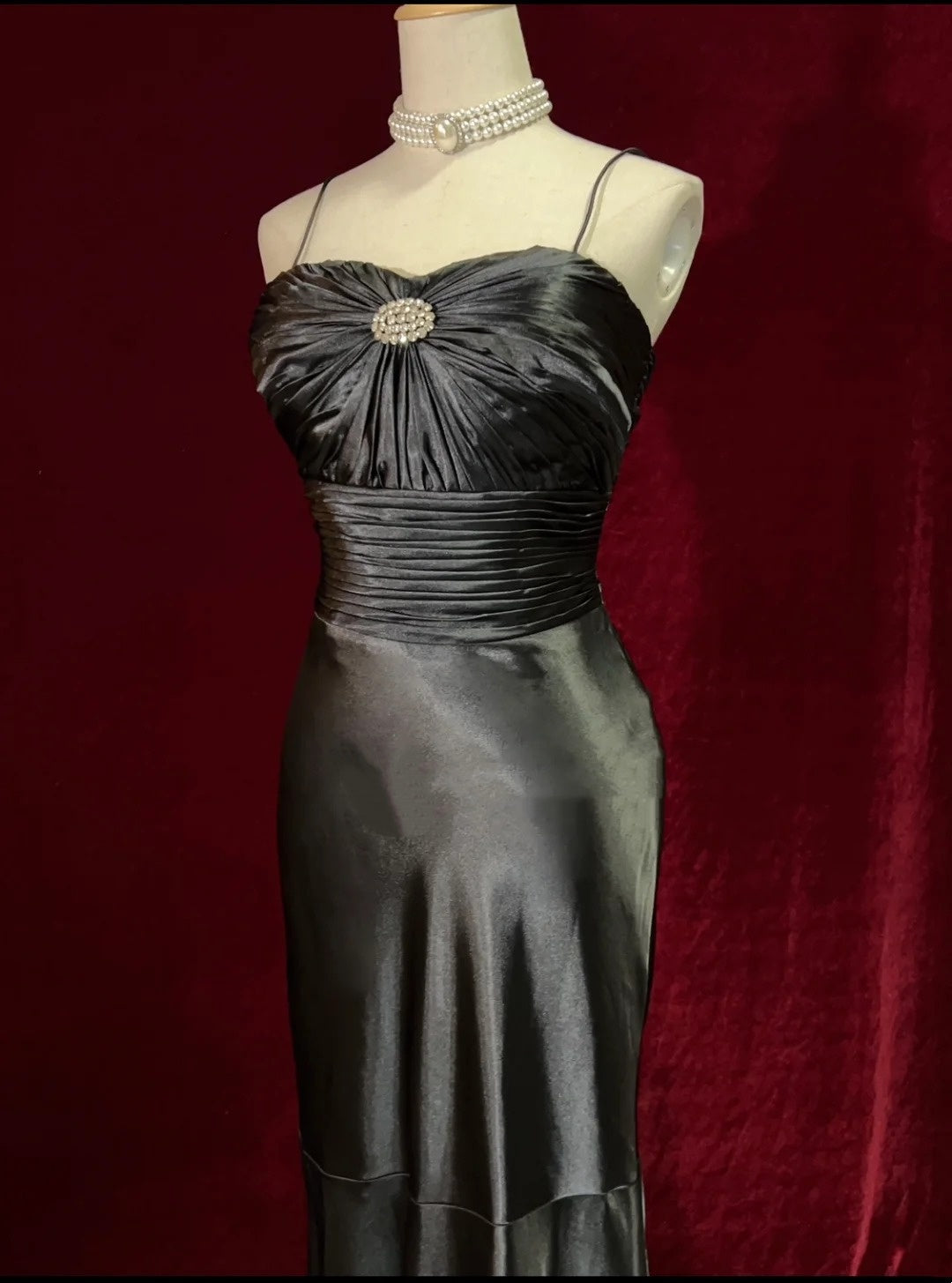 Vintage Prom Dresses Mermaid Spaghetti Strap Satin Black With Ruffles Long Formal Dress N2497