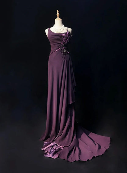 Elegant Prom Dresses A line Purple Chiffon Ruffled Floor Length Formal Evening Outfits N3488