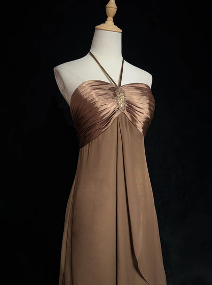 Robes de Bal Vintage, Coupe Droite, Col Halter, Marron, Sans Manches, Mousseline, Années 80, Longue Robe de Soirée N2759