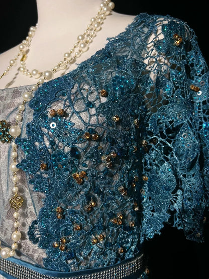 Inspiration Robes de bal vintage Sirène Dentelle Bleu Tulle Dentelle Années 80 avec Appliques Robes de soirée N3366