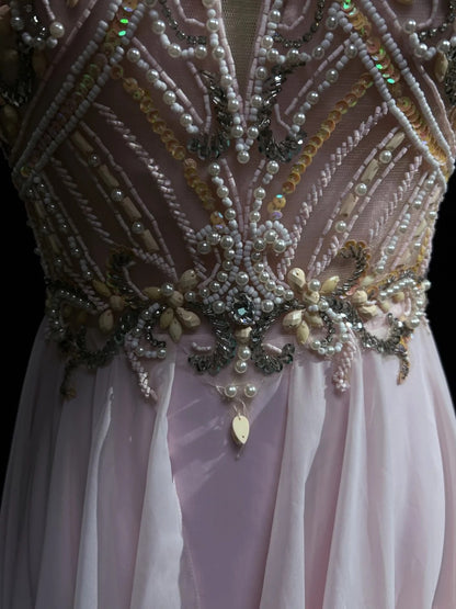 Vintage Ballkleid-Ästhetik Kleider A-Linie Schmuck Perle Rosa Chiffon Mit Perlen Lang Formales Kleid N3033