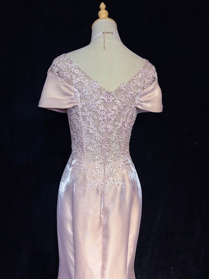 Robes de Bal Vintage, Inspiration Sirène, Épaules Dénudées, Satin Rose Années 80 avec Dentelle, Robes de Soirée N3374