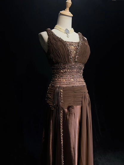 Vintage Ballkleider Meerjungfrau Schokolade Chiffon V-Ausschnitt mit Perlen Lang Festliches Kleid N2453