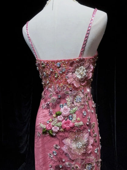 Belles robes de bal sirène à bretelles spaghetti roses avec perles et fleurs longues tenues de soirée N3318