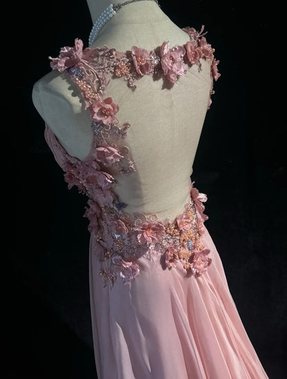 Vintage Prom Dresses A line V Neck Pink Chiffon 70s With 3D Flowers Beading Long Formal Gown N2528