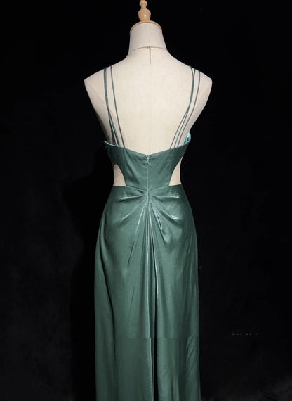 Robes de bal modestes trapèze à bretelles spaghetti vert foncé sans manches longues tenues de soirée formelles N3622