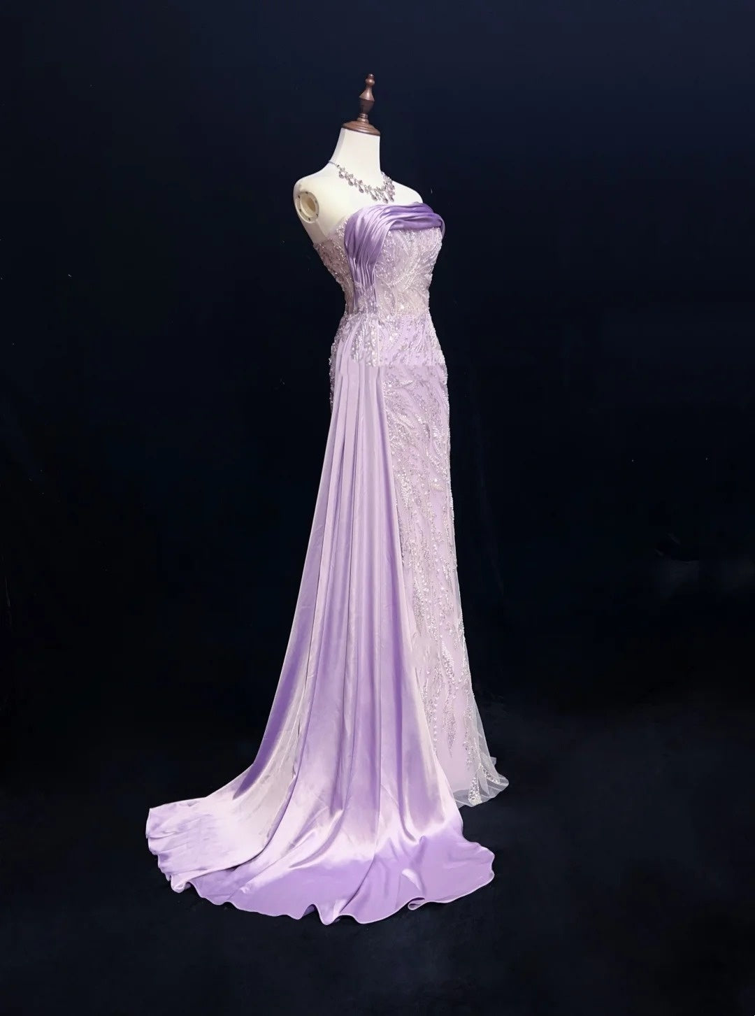 Robe de bal vintage Inspo sirène bustier lilas sequinée avec perles fendues années 80 longue robe de soirée N2742