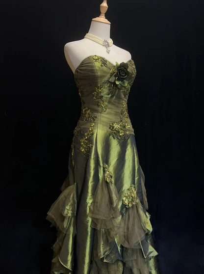 Vintage Prom Dresses Mermaid Sweetheart Olive Green Satin With Beading 1980s Long Formal Gown N2622