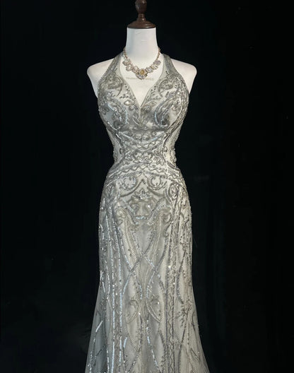 Vintage Abschlussballkleider Inspo Meerjungfrau Neckholder Silbergrau Pailletten 80er Jahre mit rückenfreien Ballkleidern N3369