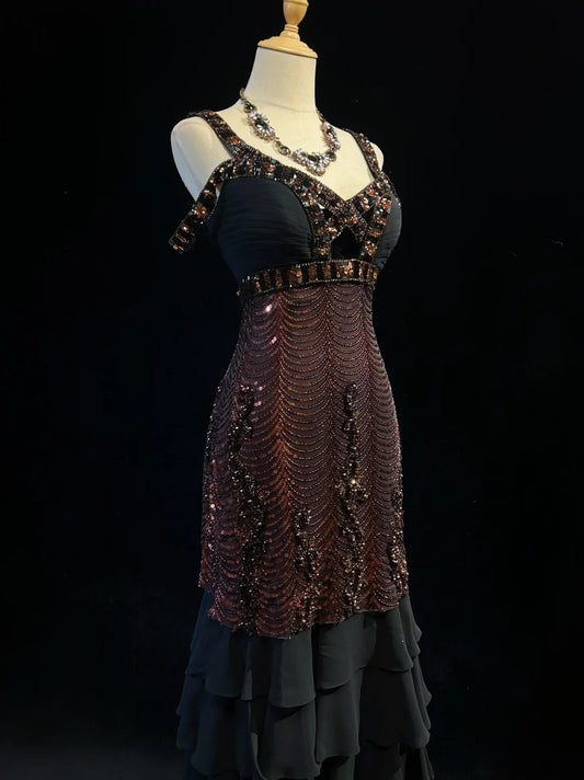 Glitzernde Ballkleider Meerjungfrau Spaghettiträger Schwarz Chiffon Mit Ärmeln Abend Outfits Langes Festliches Kleid RB3259