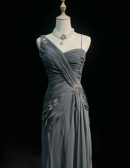Einfache Ballkleider Meerjungfrau Spaghetti-Träger Grau Chiffon Bodenlang Rüschen Formelles Abendkleid N3685