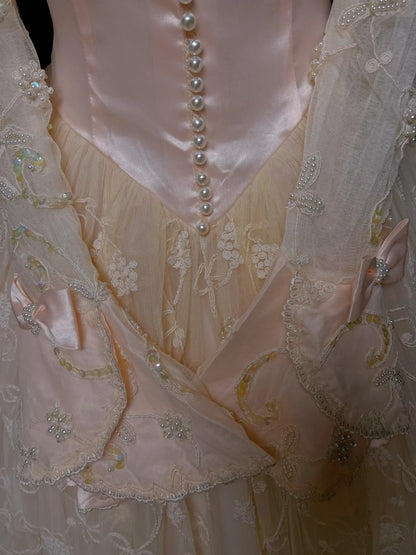 Prinzessin Abschlussballkleider Ballkleid V-Ausschnitt Rosa Spitze mit langen Ärmeln mit Perlen Formelle Abendgarderobe N3878