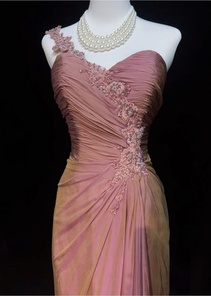 Robes de bal vintage fourreau asymétrique roses avec appliques années 1960 longue robe de soirée N2608