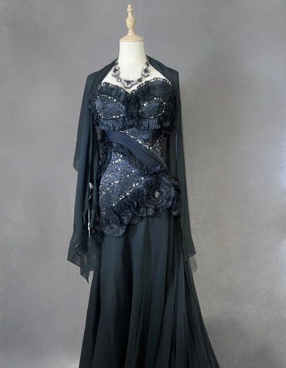 Robes de bal vintage Sirène Bustier Robe de soirée noire en mousseline de soie avec perles Robe de soirée longue années 1980 N2621