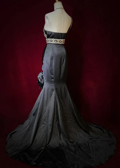 Robes de bal vintage Sirène Asymétrique Satin Noir Années 80 avec perles Tenues de soirée longues N3905