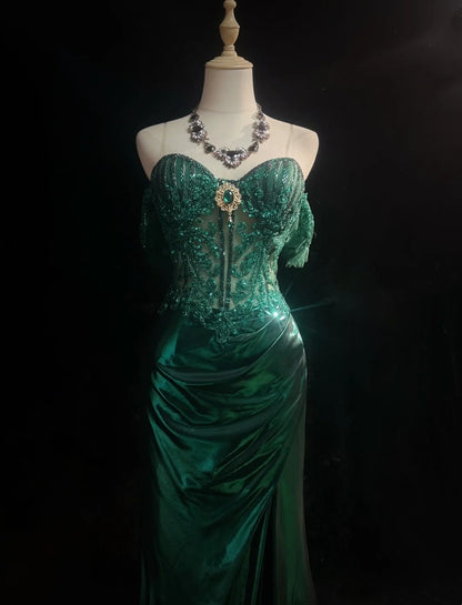 Robes de bal modestes d'inspiration sirène, épaules dénudées, vert émeraude foncé, fente, dentelle, robes de soirée longues années 80 N3389