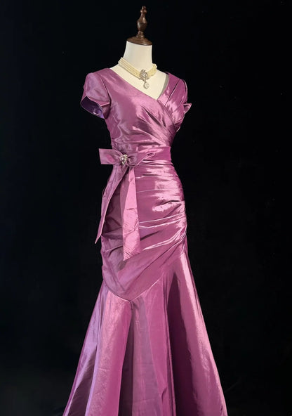 Vintage Prom Dresses Mermaid V Neck Lilac Satin With Ruffles Short Sleeves Long Formal Dress N2500