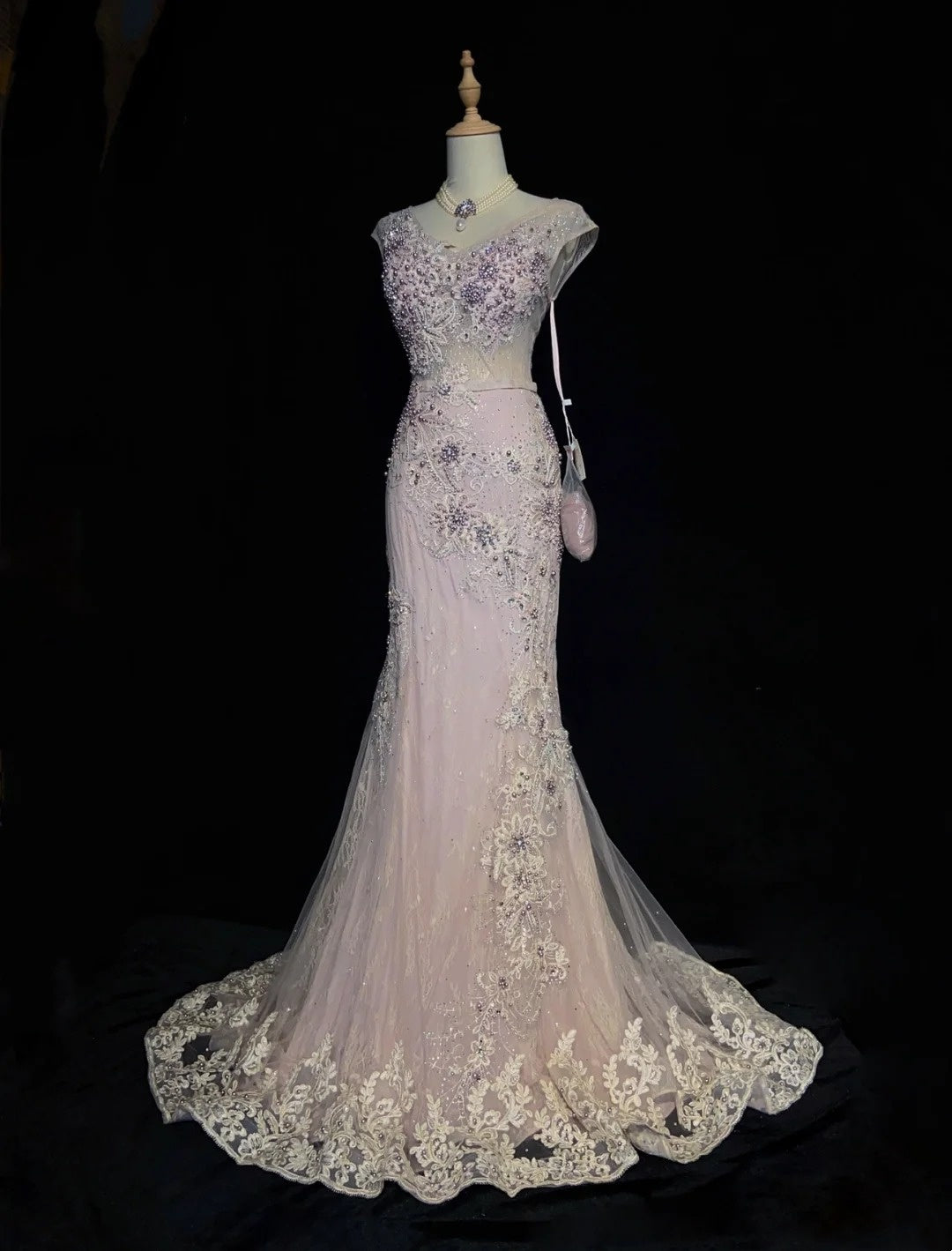 Robes de bal vintage des années 80 sirène col en V rose dentelle applique longues tenues de soirée formelles N3481