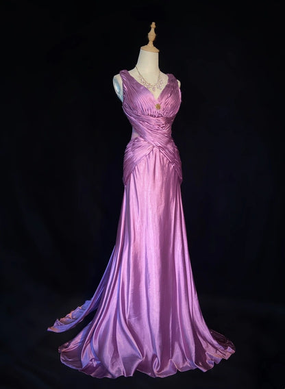 Bescheidene Abschlussballkleider im Meerjungfrau-Stil, V-Ausschnitt, Satin mit Rüschen-Schleppe für Damen, formelles Kleid N3229