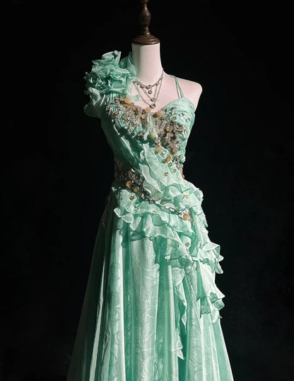 Vintage Prom Dresses A-Linie One-Shoulder Mintgrün 70er Jahre mit Rüschen Chiffon Langes Formelles Partykleid N2525