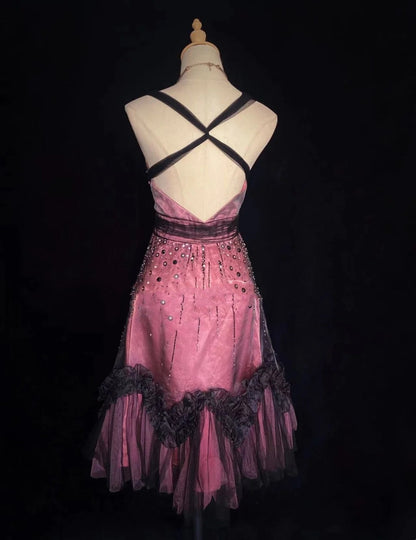 Zeitlose Prom-Kleider A-Linie Spaghettiträger Schwarz Tüll Tee-Länge mit Perlen Homecoming-Kleid N3255