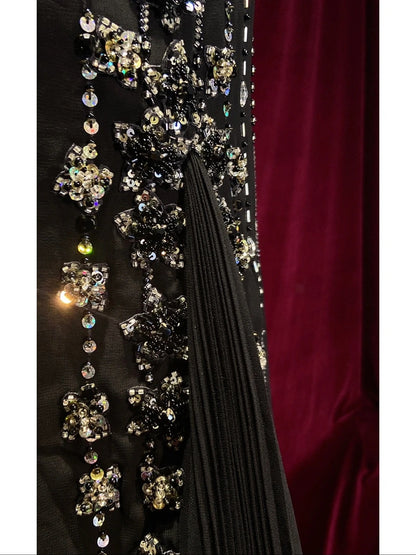 Vintage Abschlussballkleider 90er Meerjungfrau Spaghetti-Träger Schwarz Tie Mit Silberperlen Lang Semi-Formal Abendkleid N3666