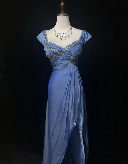 Vintage Abschlussballkleider A-Linie Sweetheart Blau Chiffon mit Perlen Lange formelle Abendgarderobe N3869
