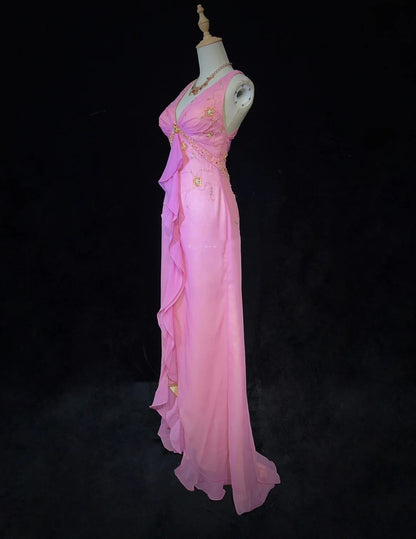 Bescheidene Ballkleider Inspo Meerjungfrau V-Ausschnitt Rosa Chiffon mit Rüschen-Perlenstickerei für Damen Festliches Kleid N3231