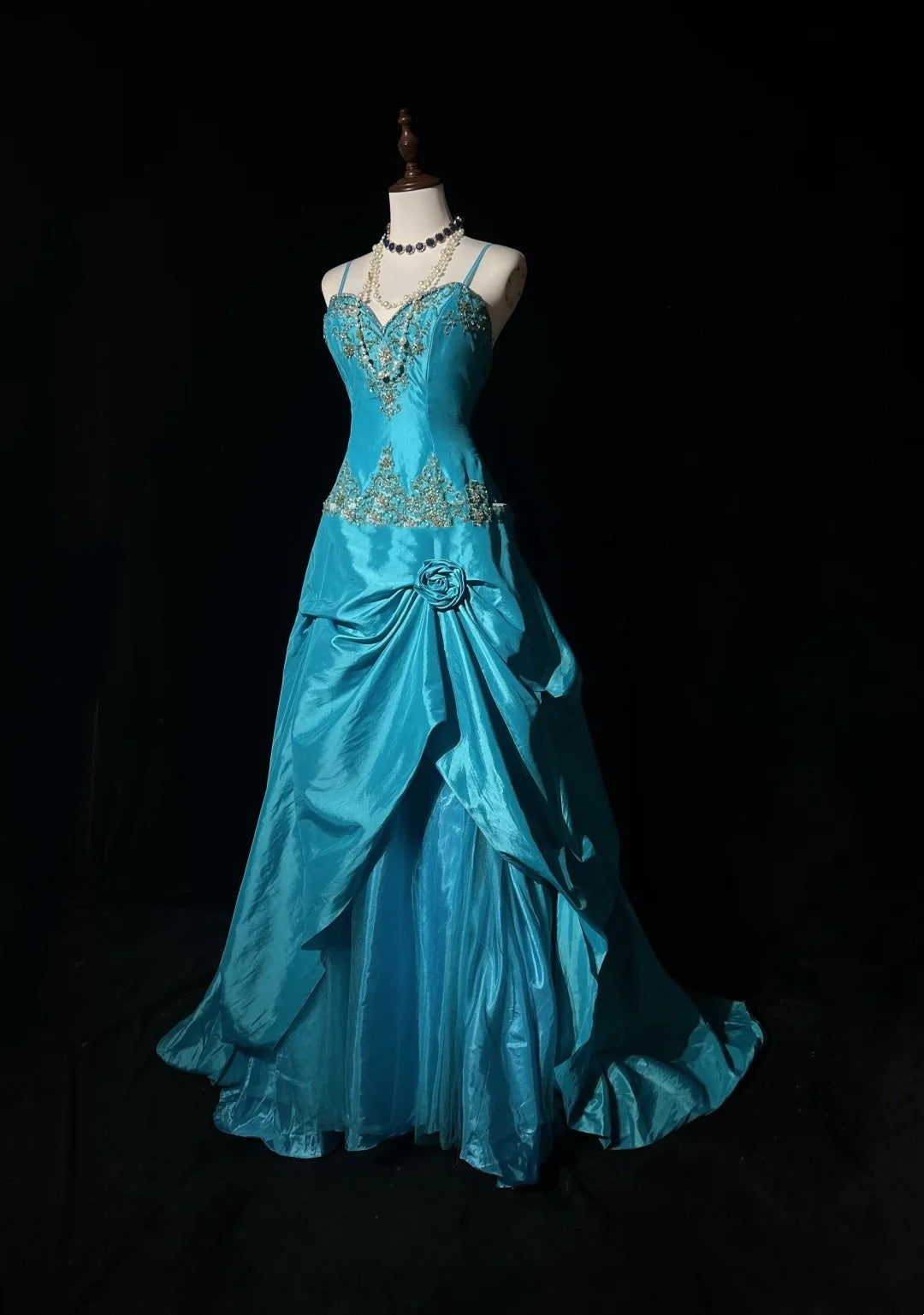Vintage Abschlussballkleider Ästhetik 80er Retro Ballkleid Spaghettiträger Blau Taft Bodenlang Abendgarderobe N2329
