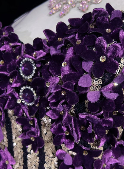 Glitzer-Abschlussballkleider Meerjungfrau Spaghetti-Träger Lila Chiffon Mit Blumen Langes Formelles Abendkleid N3893
