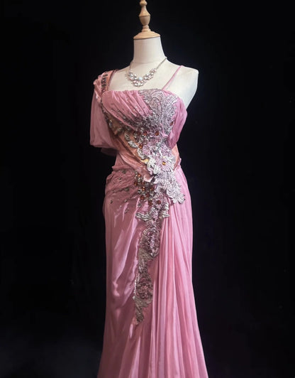 Robes de bal vintage sirène en mousseline de soie rose avec perles appliquées, longue robe de soirée années 70 N2620