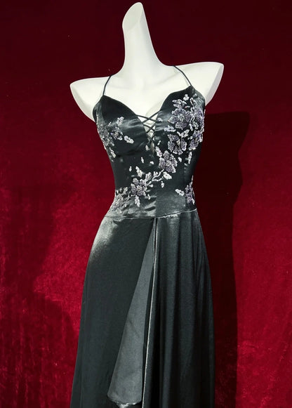 Vintage Prom Dresses A Line Halter Black Satin 2000s Long Party Evening Formal Gown RC1145