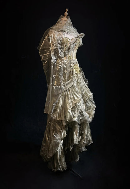 Robes de bal gothiques glamour Robes de soirée sirène sans bretelles en organza vert sans manches avec volants Robe de soirée semi-formelle N3795