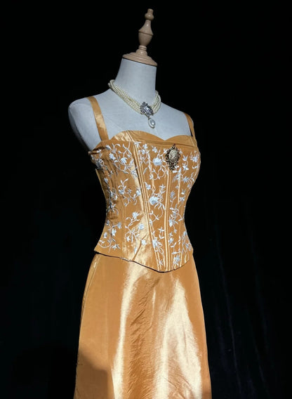 Charmantes robes de bal trapèze à fines bretelles dorées, robes de soirée longues N3900