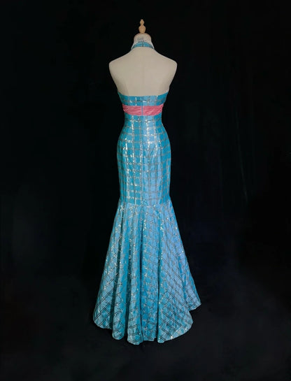 Robes de bal vintage sirène col en V, paillettes bleues, sans manches, robes de soirée longues années 80 N2866
