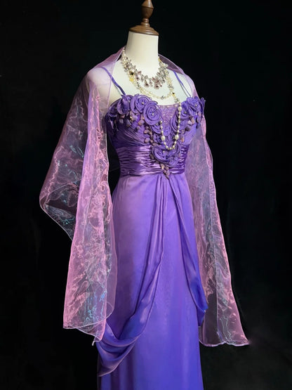 Vintage Abschlussballkleider A-Linie Spaghettiträger Traube Chiffon Ärmellos 1980er Lange Formelle Abendkleid N2631