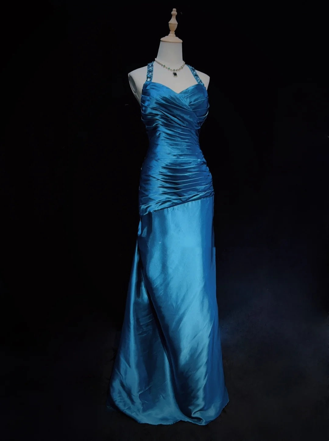 Robe de bal vintage Inspo sirène licou satin bleu longue années 90 avec des robes de soirée plissées N3356