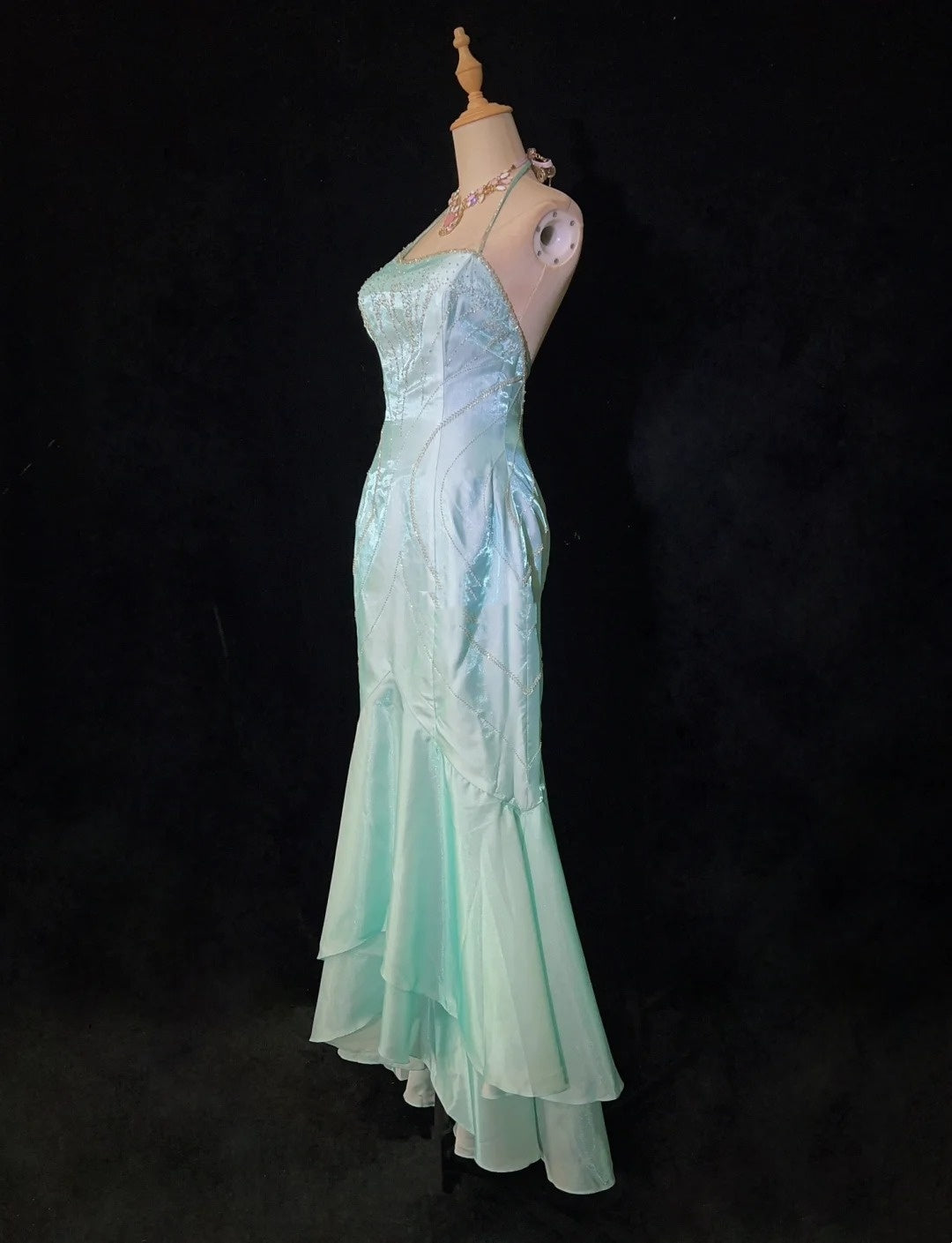 Robes de bal vintage des années 80 sirène dos nu bleu sans manches avec cape perles tenues de soirée semi-formelles N3616