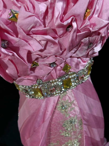 Robes de bal vintage, sirène rose à fines bretelles avec dentelle dorée, longues tenues de soirée formelles N3862