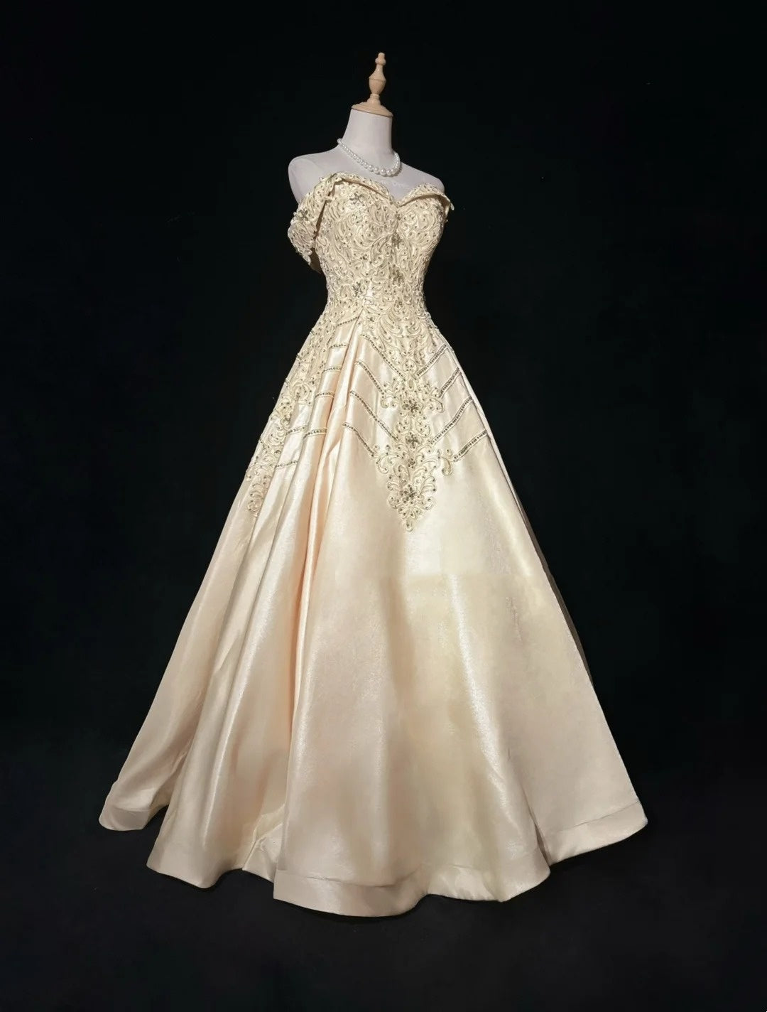Robes de bal vintage des années 80, robe de soirée, épaules dénudées, couleur champagne avec perles, tenues de soirée N3468