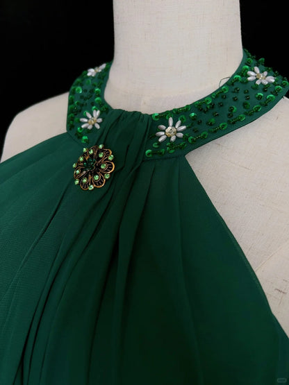 Vintage Prom Dresses 80er Jahre A Linie Neckholder Grün Chiffon mit Perlenbesatz Lange Abendkleider N3450