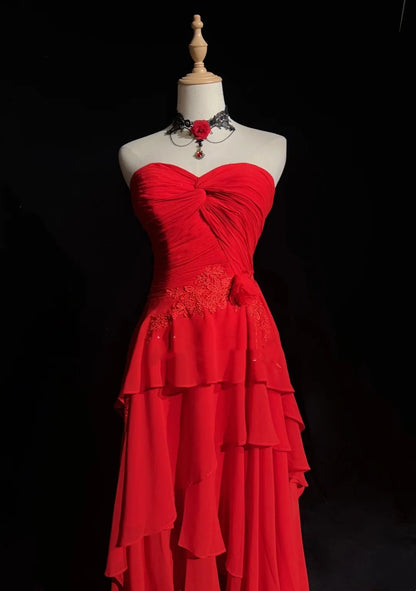 Robes de bal vintage en cœur ligne A rouges années 70 avec volants en mousseline longue robe de soirée formelle N2524