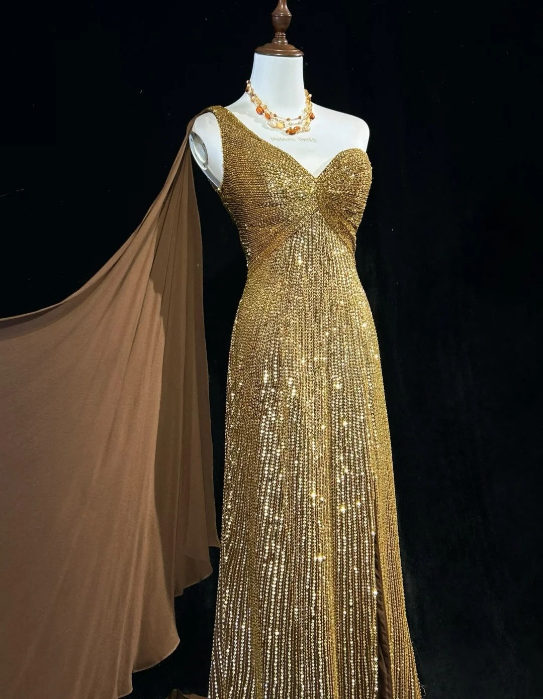 Vintage Mermaid 2000s One Shoulder Gold Sequin Formal Dress Long Sparkly Prom Dresses N2574