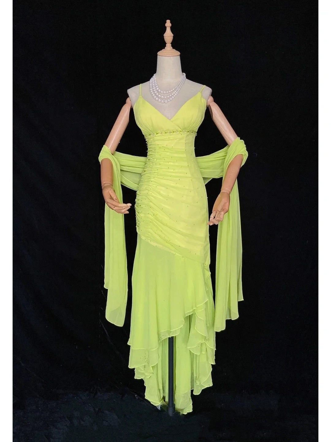 Robes de bal vintage des années 80, sirène, bretelles spaghetti, mousseline verte, longueur thé, tenues de soirée N3456