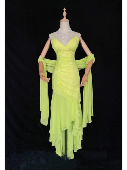 Robes de bal vintage des années 80, sirène, bretelles spaghetti, mousseline verte, longueur thé, tenues de soirée N3456