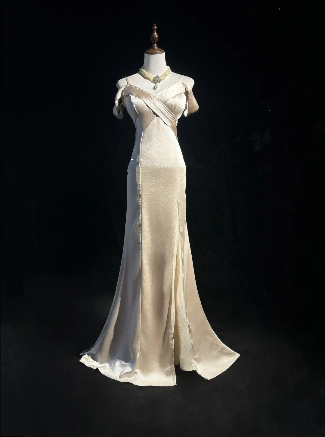 Vintage Abschlussballkleider 80er Meerjungfrau Spaghettiträger Champagner Satin Bodenlang Abendgarderobe N3458