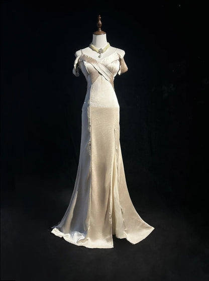 Vintage Abschlussballkleider 80er Meerjungfrau Spaghettiträger Champagner Satin Bodenlang Abendgarderobe N3458
