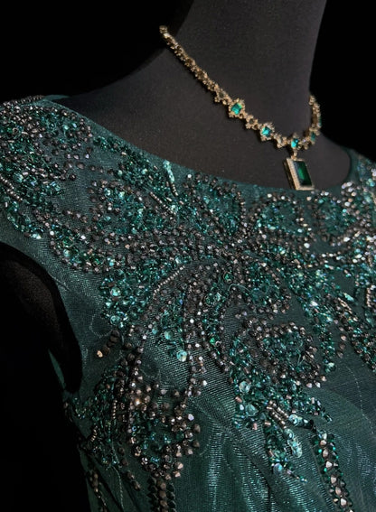 Vintage Abschlussballkleider A-Linie Rundhalsausschnitt Dunkelgrün Tüll Mit Perlen 90er Jahre Abendkleid N2590