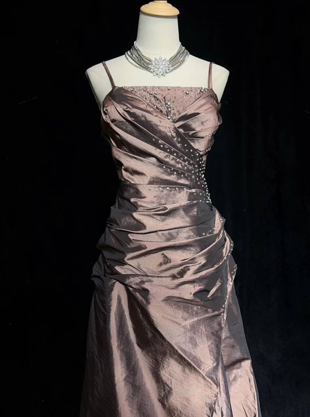 Vintage-Ballkleid für den Abschlussball, Spaghettiträger, Perlen, ärmellos, Taft, 90er, langes Abendkleid N2879