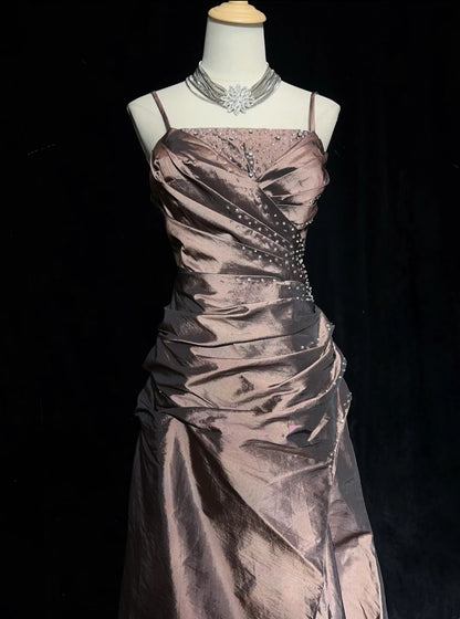 Vintage-Ballkleid für den Abschlussball, Spaghettiträger, Perlen, ärmellos, Taft, 90er, langes Abendkleid N2879